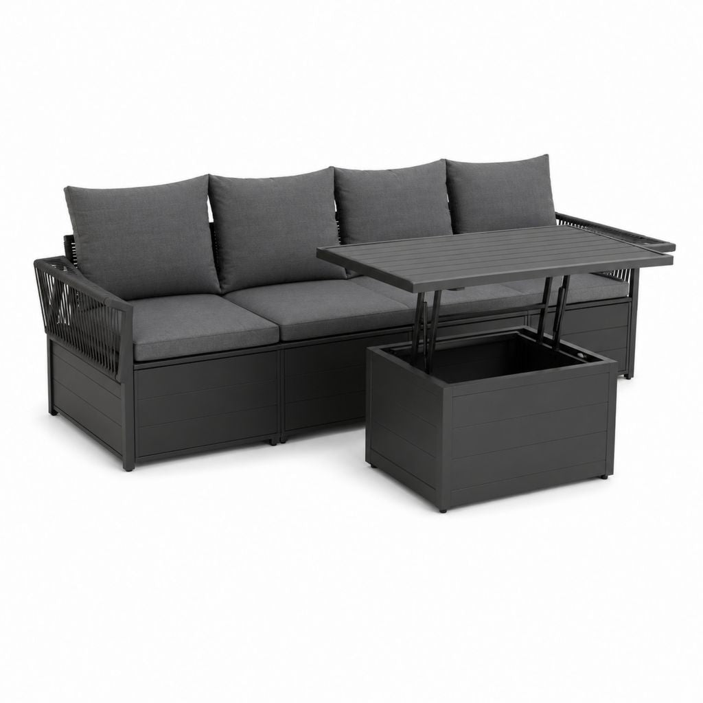 Gartenlounge Set Schwarz Aluminium mit Polyesterpolstern und Hubtisch 210 x 75 x 70 cm