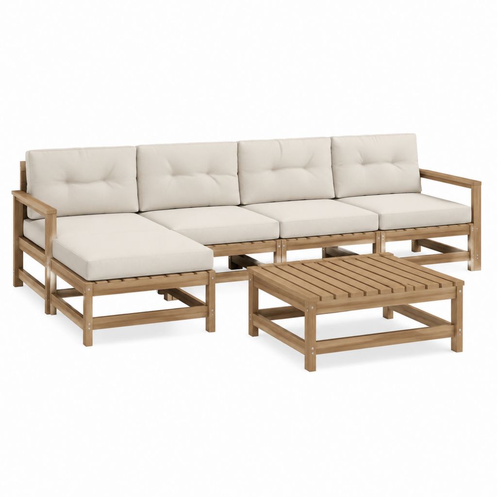 4-Sitzer Gartensofa Set Natur Massivholz Akazie mit cremefarbenen Polyesterkissen und Couchtisch 260 x 70 x 60 cm