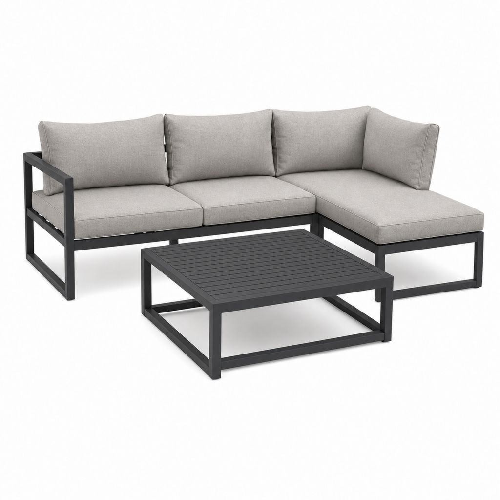 Gartenlounge Ecksofa Set Grau Schwarz Aluminium L-Form mit Couchtisch 220 x 160 cm