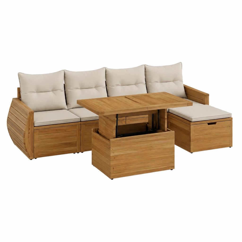 Gartenlounge Set L-Form Naturholz Beige aus Teakholz mit Hubtisch 230 x 165 x 88 cm