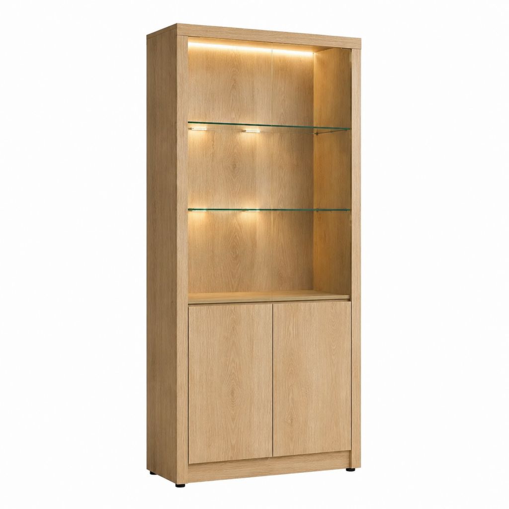 Vitrine Eichefarben aus MDF und Glas mit LED-Beleuchtung 80 x 40 x 190 cm
