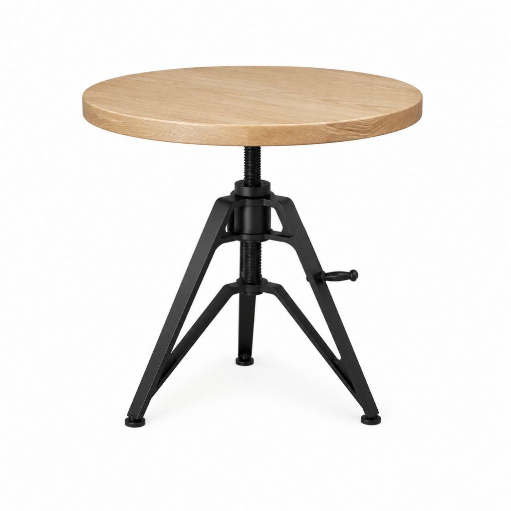 Höhenverstellbarer Couchtisch Eiche Massivholz rund 60 cm mit schwarzem Stahlgestell 47-62 cm