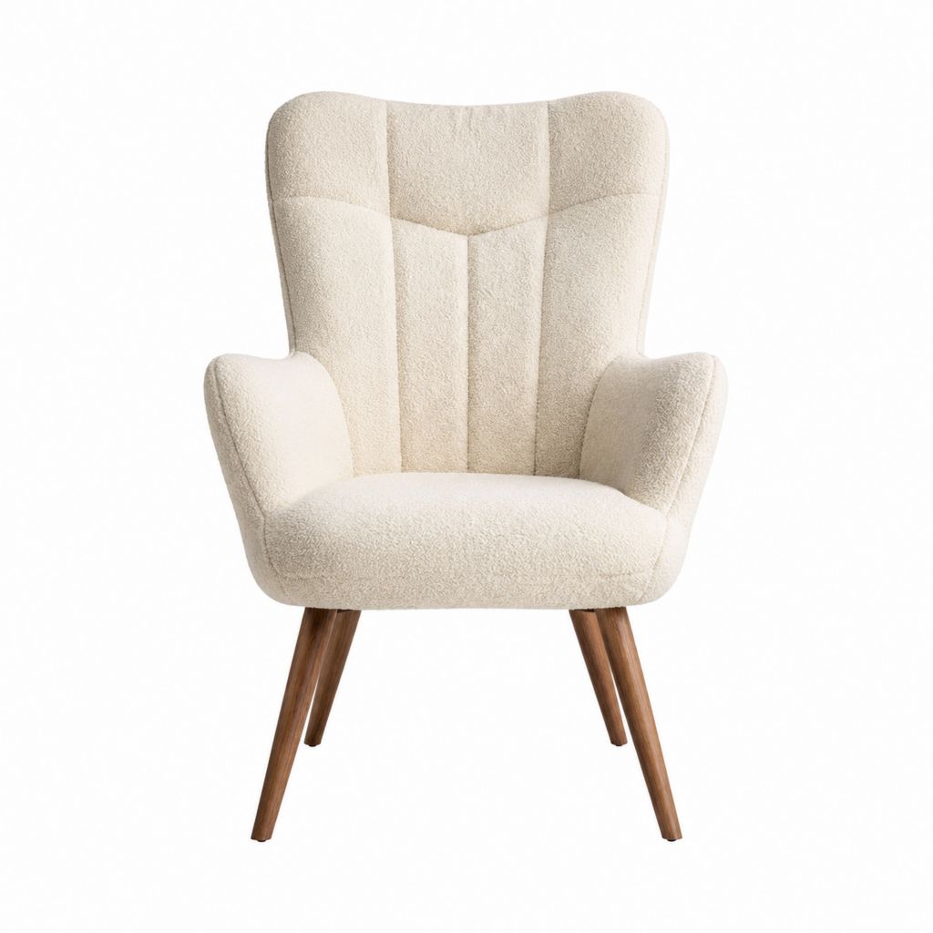 Ohrensessel Creme mit Polyester-Bouclébezug und Massivholzbeinen 75 x 82 x 105 cm