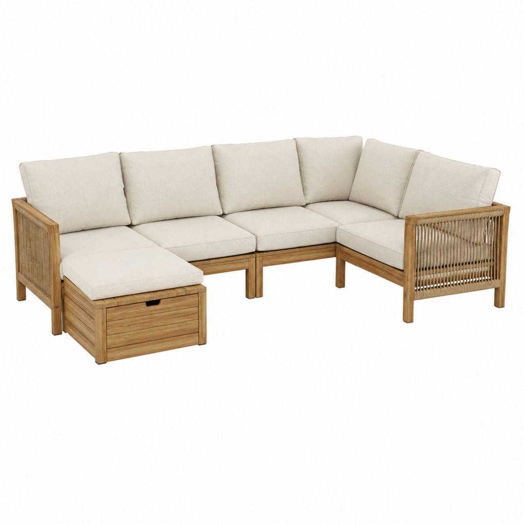 5-teiliges Gartensofa L-Form aus Akazien-Massivholz Beige mit Auflagen 240 x 180 x 75 cm