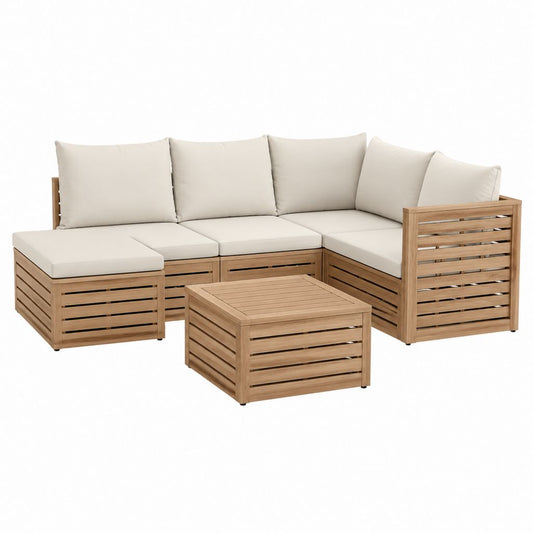 5-teiliges Gartensofa-Set aus Akazienholz in Natur und Creme mit Polstern 220 x 150 x 68 cm