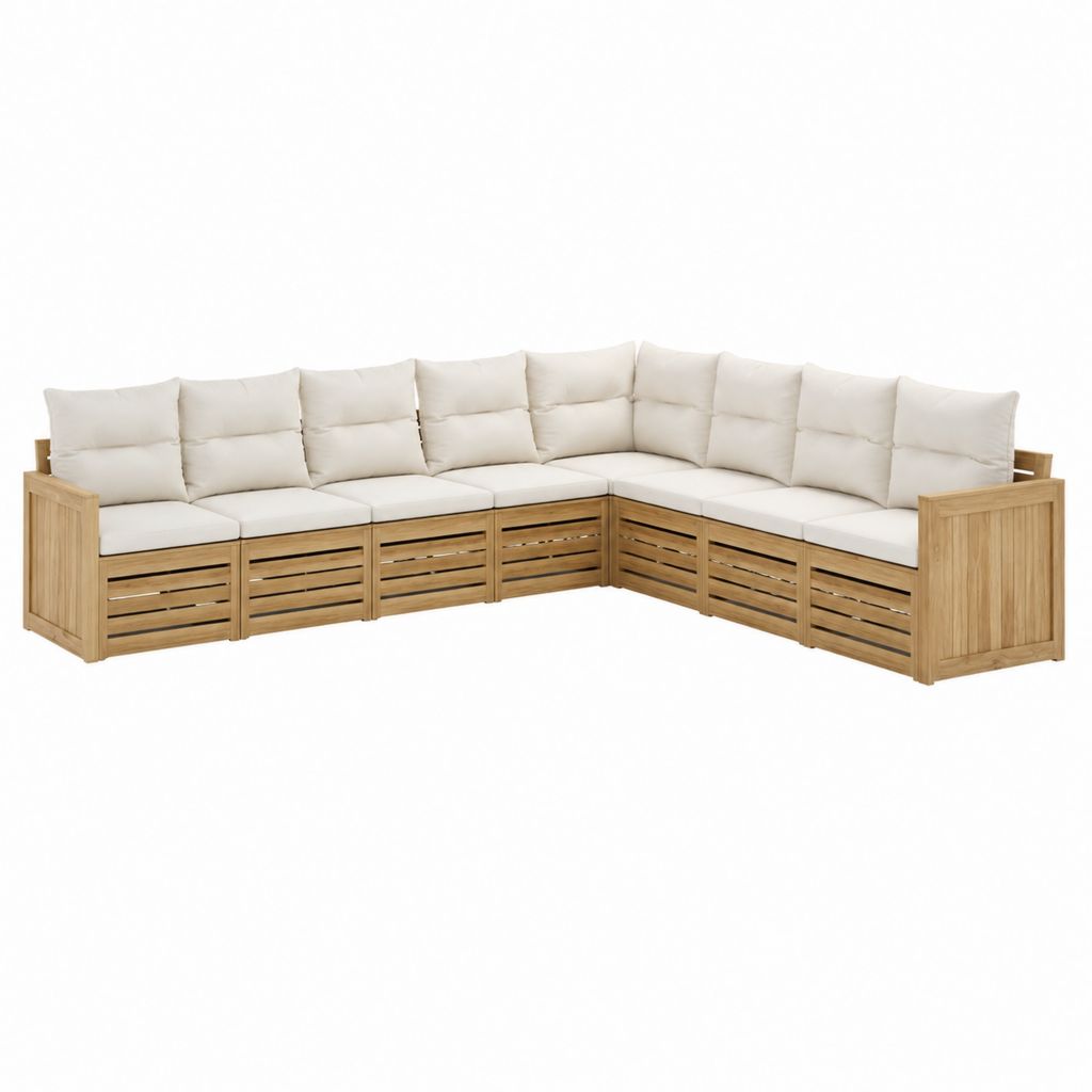 Gartenlounge Ecksofa 7-Sitzer Natur aus massivem Akazienholz mit cremefarbenen Polyesterpolstern 300 x 300 x 75 cm