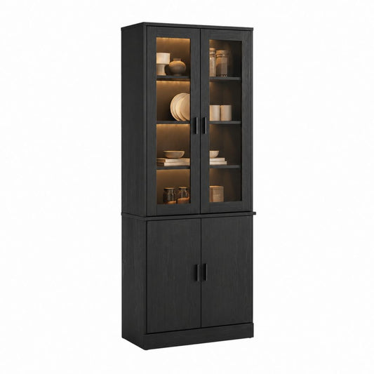 Vitrine Schwarz Spanplatte Glas mit LED-Beleuchtung 80 x 40 x 190 cm
