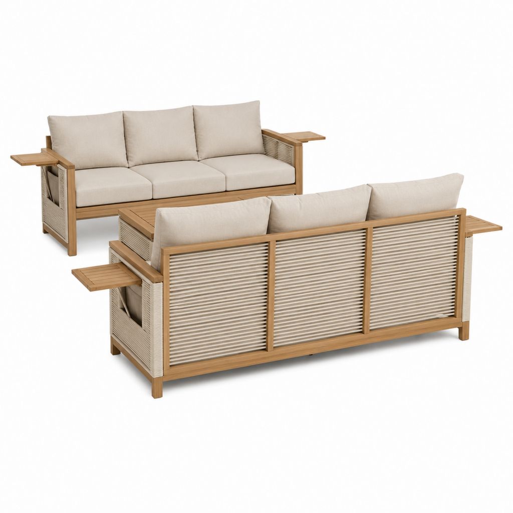 2-teiliges Gartensofa Set 6-Sitzer Naturholz Beige mit Polyesterseil 210 x 80 x 75 cm