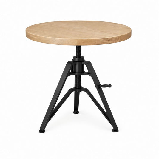 Höhenverstellbarer Couchtisch Eiche Massivholz rund 60 cm mit schwarzem Stahlgestell 47-62 cm