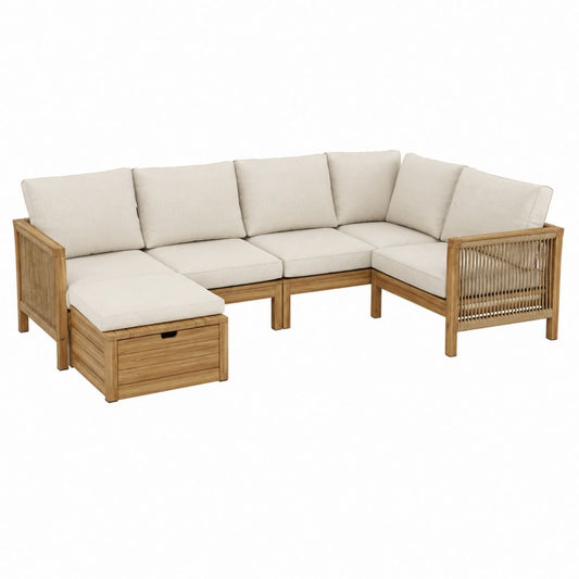 5-teiliges Gartensofa L-Form aus Akazien-Massivholz Beige mit Auflagen 240 x 180 x 75 cm